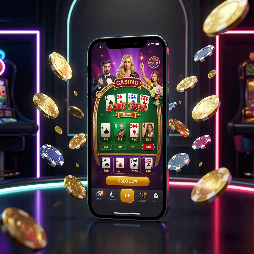 62JILI online casino mobile app hero banner featuring a modern smartphone with glowing casino interface, golden coins and poker chips flying around against a dark luxury background with neon accents