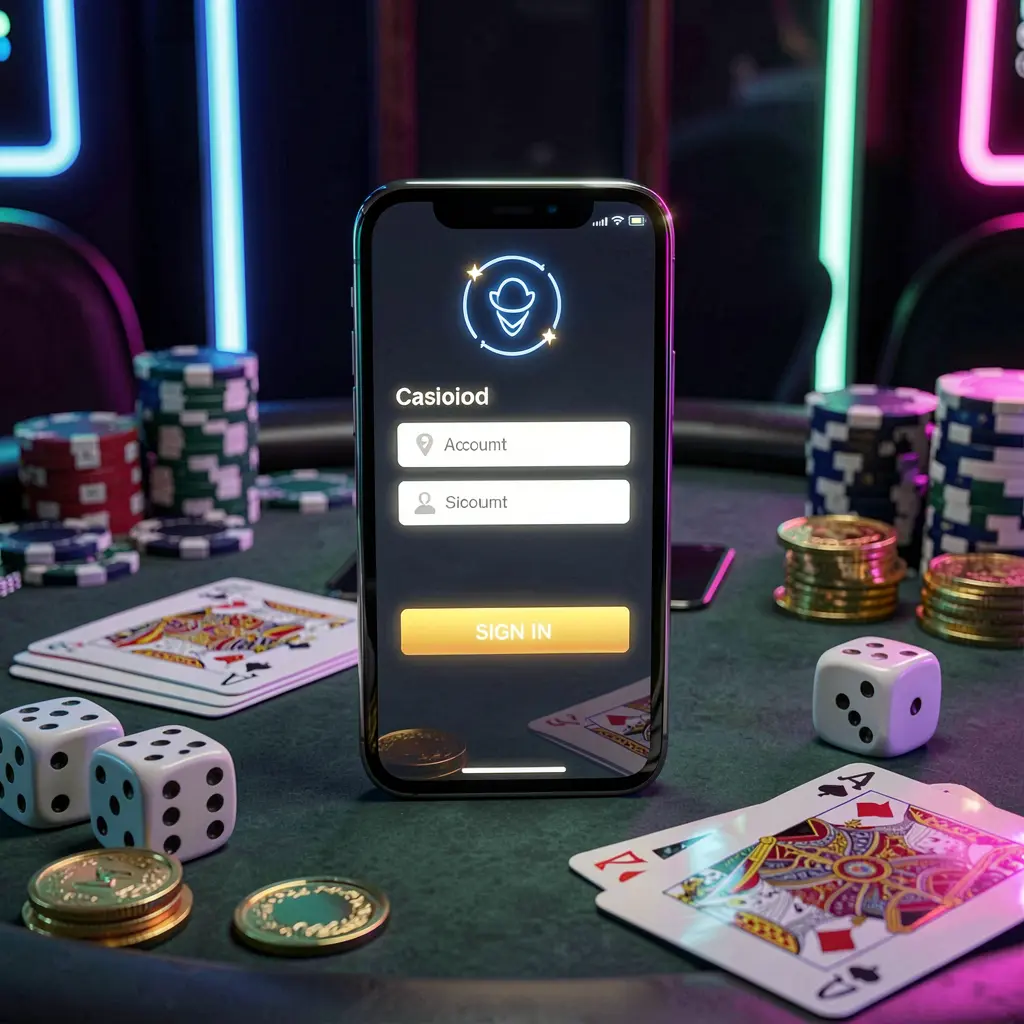 62JILI casino account sign in scene with a glowing smartphone on a casino table surrounded by cards, chips, dice, and gold coins against an elegant dark background with neon highlights