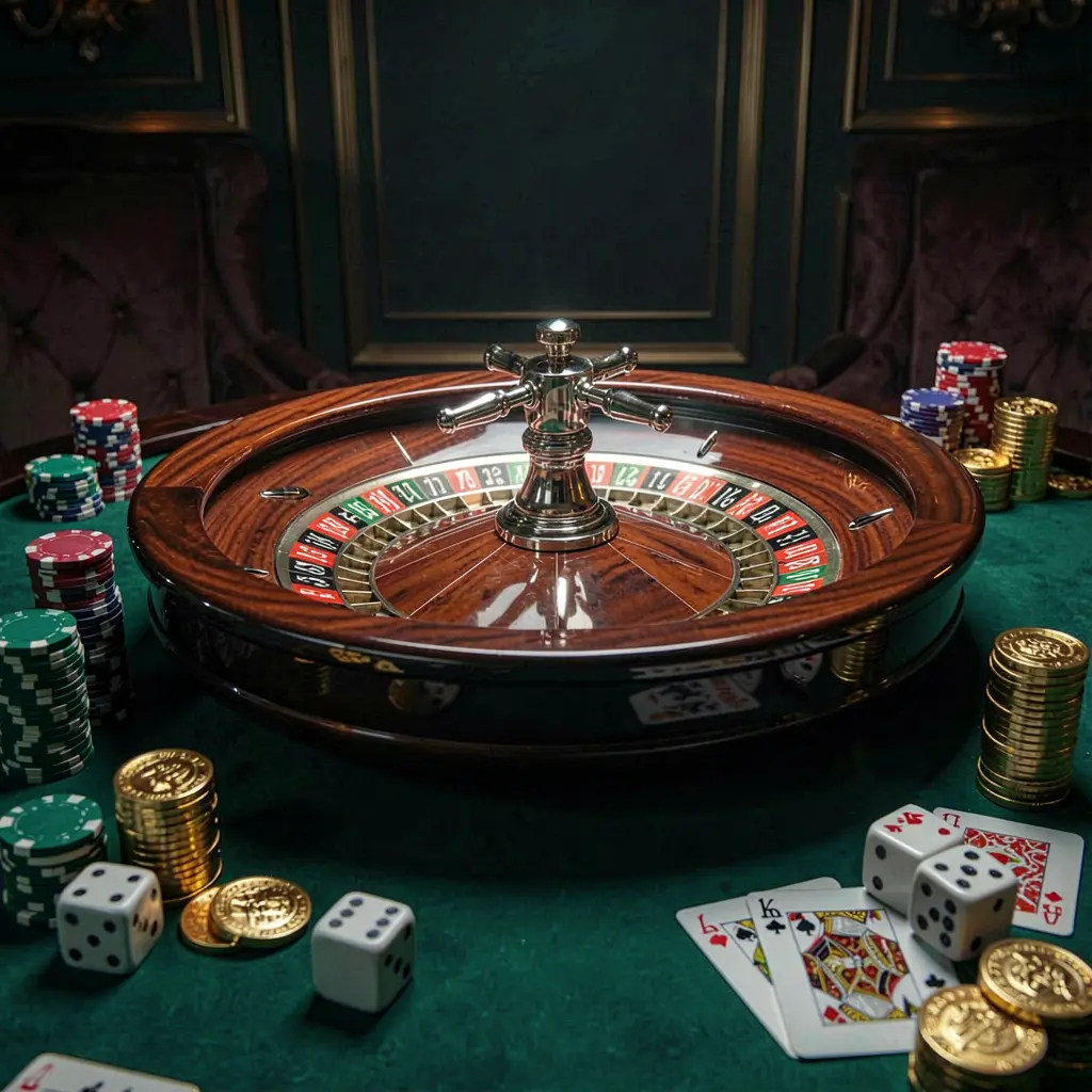 Premium casino homepage scene featuring a roulette wheel spinning on a glossy table surrounded by poker chips, dice, cards, and golden coins with elegant dark background and cinematic lighting, showcasing 62JILI's responsible gaming environment